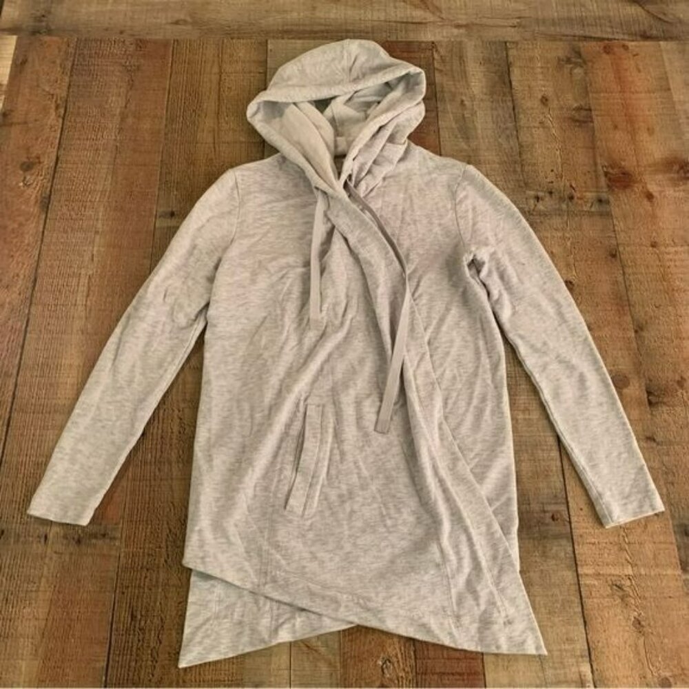 Athleta womens open front hooded long length cardigan in light gray -XS